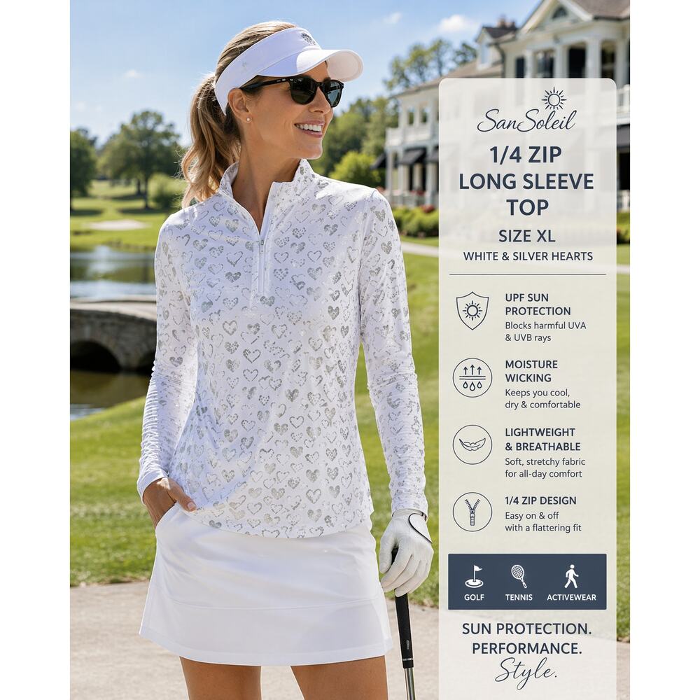 San Soleil 1/4 Zip Shirt Long Sleeve White Silver Hearts SZXL Athleisure